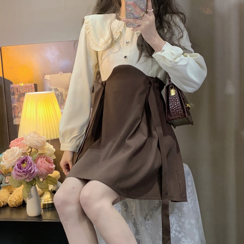 Đầm Nữ Dài Tay Cổ Búp Bê Giả Hai Lớp Phong Cách Mới