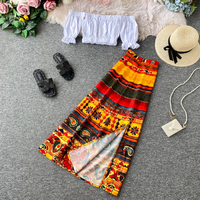 (ORDER) Set áo trễ vai + váy xẻ phong cách vintage bohemieng phù hợp mùa hè, đi biển, dạo phố, đi chơi. HÀNG QCCC