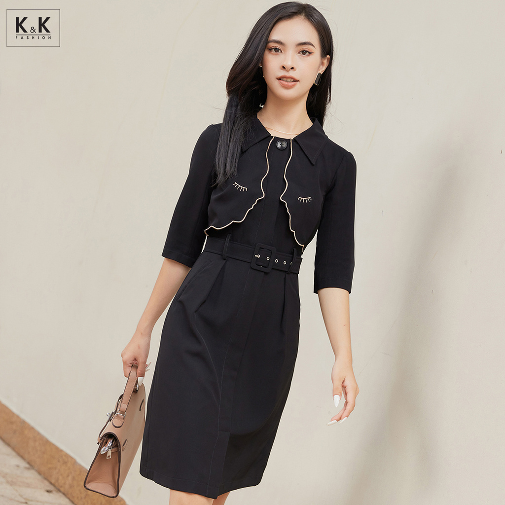 Đầm Công Sở Nữ Màu Đen K&K Fashion KK104-09 Dáng Chữ A Kèm Đai Eo