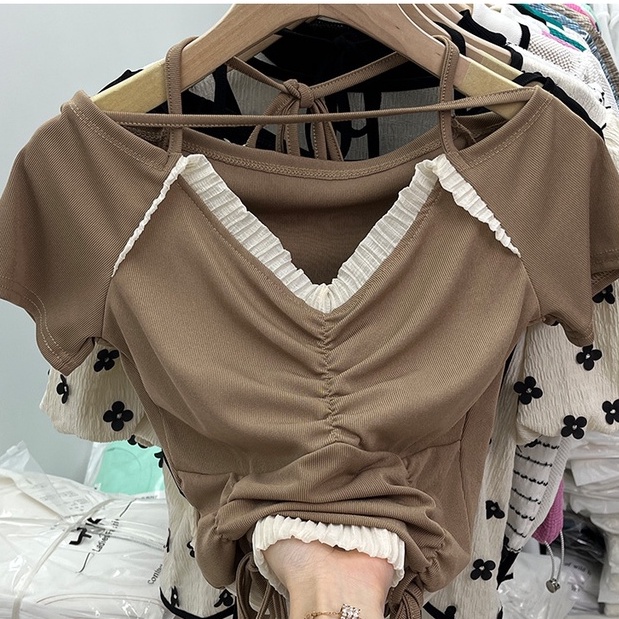 Áo thun BH croptop tay ngắn cổ yếm quyến rũ thời trang 2022 cho nữ