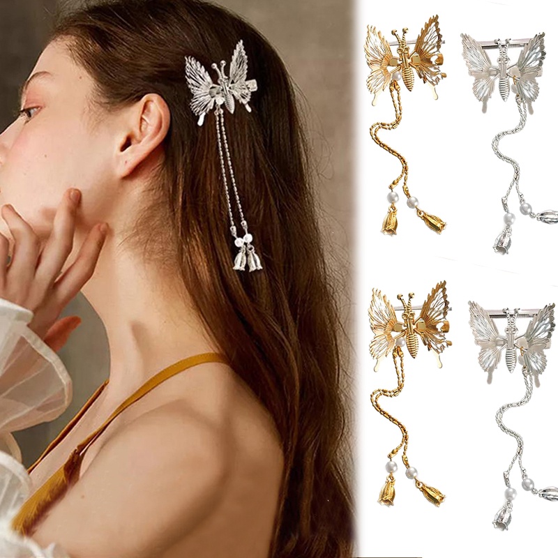 1 Kẹp Tóc Hình Bướm/ Chuồn Chuồn Tua Rua Phong Cách Cổ Điển Màu Vàng/ Bạc