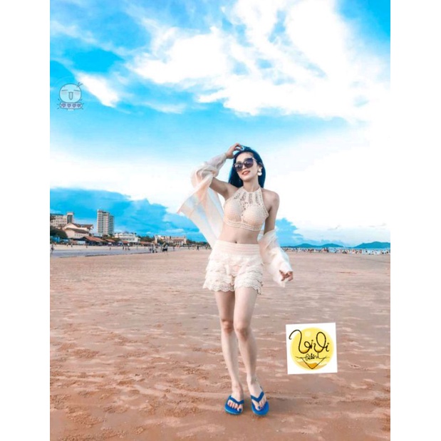 Bikini Len Đi Biển, Set Bikini Ren 3 Món Quảng Châu Dạng Yếm Khoác Dài, Đồ Tắm Biển Nữ