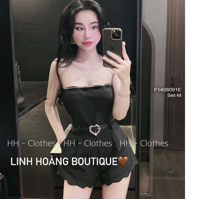Set đen viền gợn sóng áo quây croptop+ quần short!