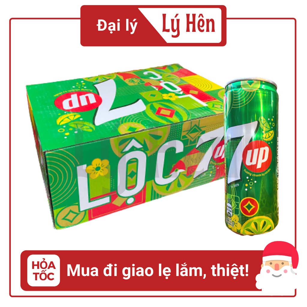 Thùng 24 Lon Nước Ngọt Có Gas Bao Bì Xuân Tết 7up Cola Soft Drink Lon 330ml Date Luôn Mới