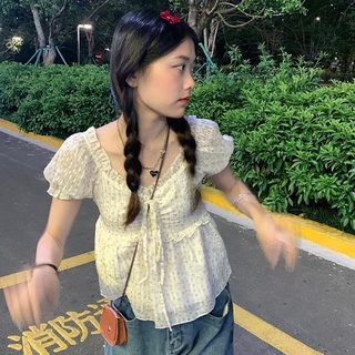 Áo Kiểu chiffon Tay Phồng Trễ Vai Họa Tiết Hoa Phong Cách Pháp