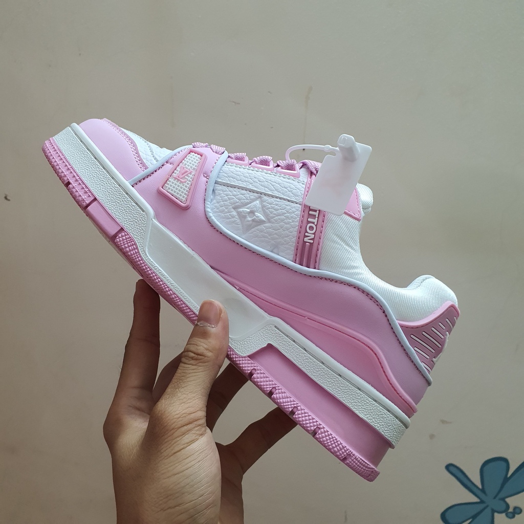 Giày LV Trainer Hồng Fullbox, Giày thể thao lv trainer hồng cá tính da nhăn cực đẹp hot trend 2022