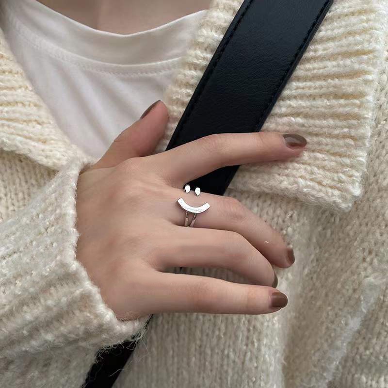 Nhẫn Hở Màu Bạc Hình Mặt Cười Có Thể Điều Chỉnh Độc Đáo Phong Cách Hàn Quốc