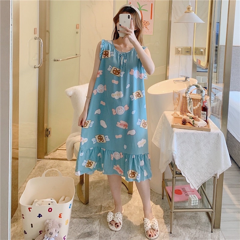 Váy mặc nhà lanh tole cotton tự nhiên,váy bầu sát nách phối bèo dễ thương, hoạ tiết trẻ trung, trang nhã