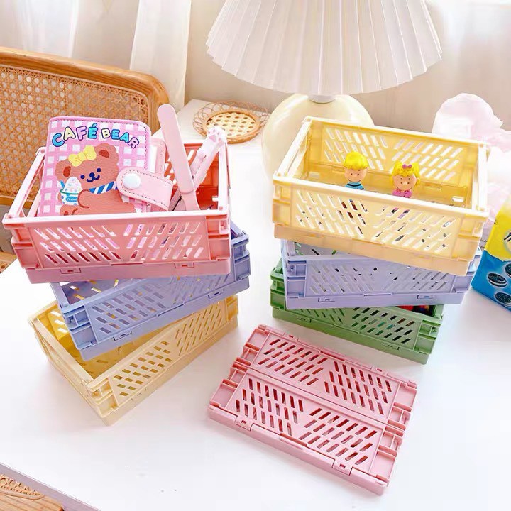 Rổ Nhựa Mini Gấp Gọn Để Bàn Xinh Xắn, Đựng Sticker, Washi Để Bàn Trang Trí, Giỏ Nhựa Mini, Khay Gấp Gọn