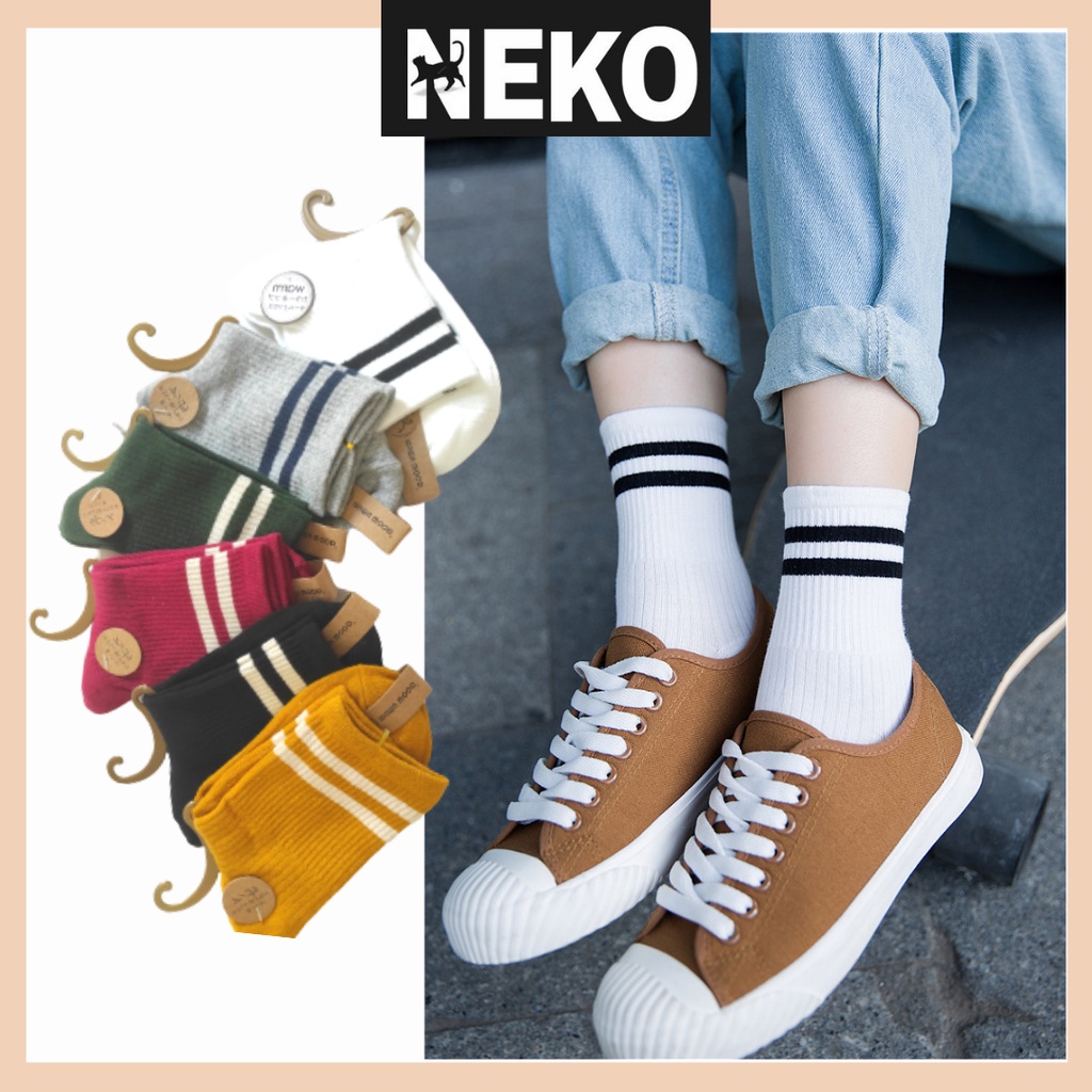 Vớ cao cổ hai sọc, tất cổ cao hai viền unisex nam nữ NEKO