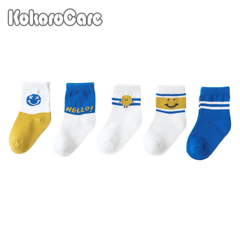 Bộ 5 đôi vớ KokoroCare YS-02 cỡ S/M/L/XL hình mặt cười màu vàng/ xanh dương dễ thương dành cho bé từ 0-8 tuổi