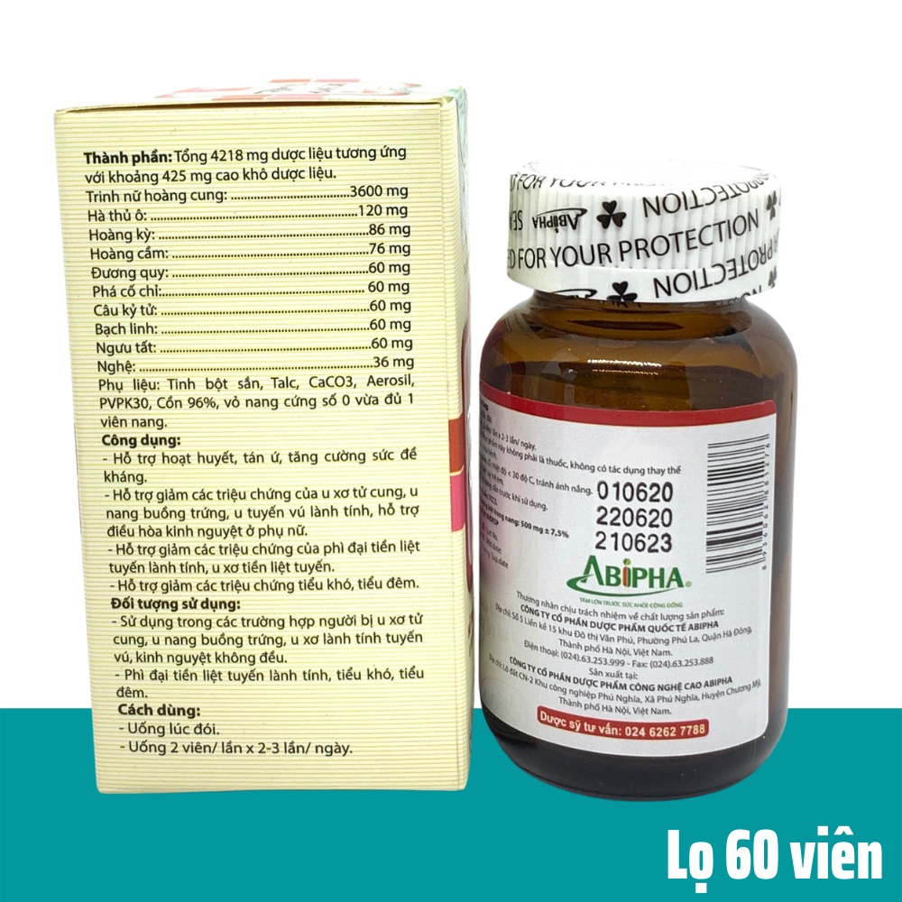 Trinh Nữ Hoàng Cung Abipha 60 Viên hỗ trợ phòng ngừa U vú, u nang buồng trứng, u xơ tử cung, u xơ tuyến tiền liệt