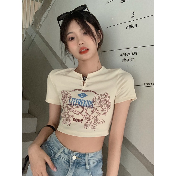 QKOOLE Áo thun nữ  ngắn tay in họa tiết phong cách Hàn Quốc