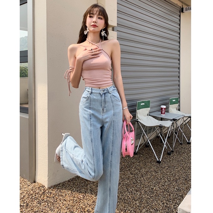 QKOOLE  Quần jeans Nữ Lưng Cao Ống Đứng Phong Cách Hàn Quốc