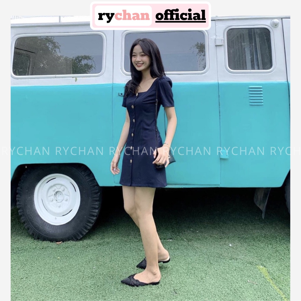 Đầm Xòe Cổ Vuông Đính Nút 2 Màu - DX0031