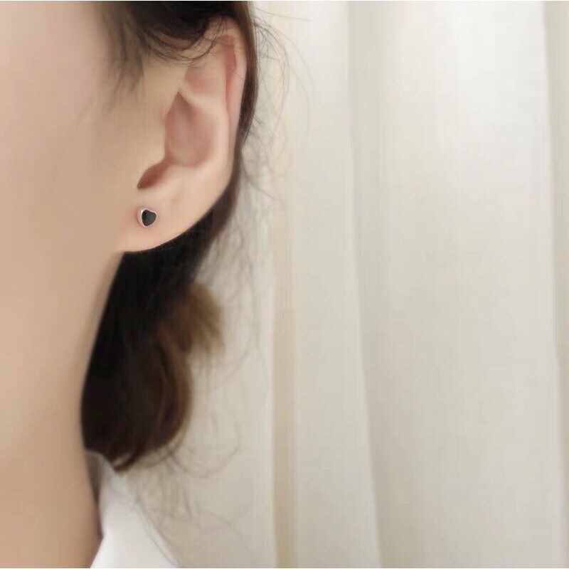 Khuyên tai vuông tròn tim tam giác nụ đen cá tính bạc thật