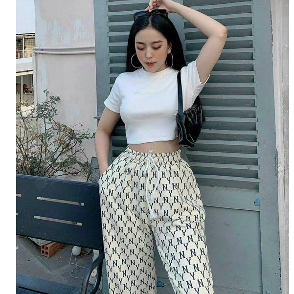 [Free Ship 50K] Áo Croptop - Quần jogger nữ - Set Bộ Áo YN Áo Croptop Cộc Tay Kèm Quần In Chữ So Hot