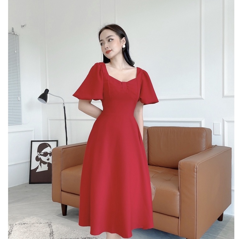 Đầm Thiết Kế Đi Tiệc NHẬT VY Chiết Eo Dáng Xòe Xếp Ly Ngực Tay Phồng Chất Cotton Màu Đỏ, Trắng - D2379