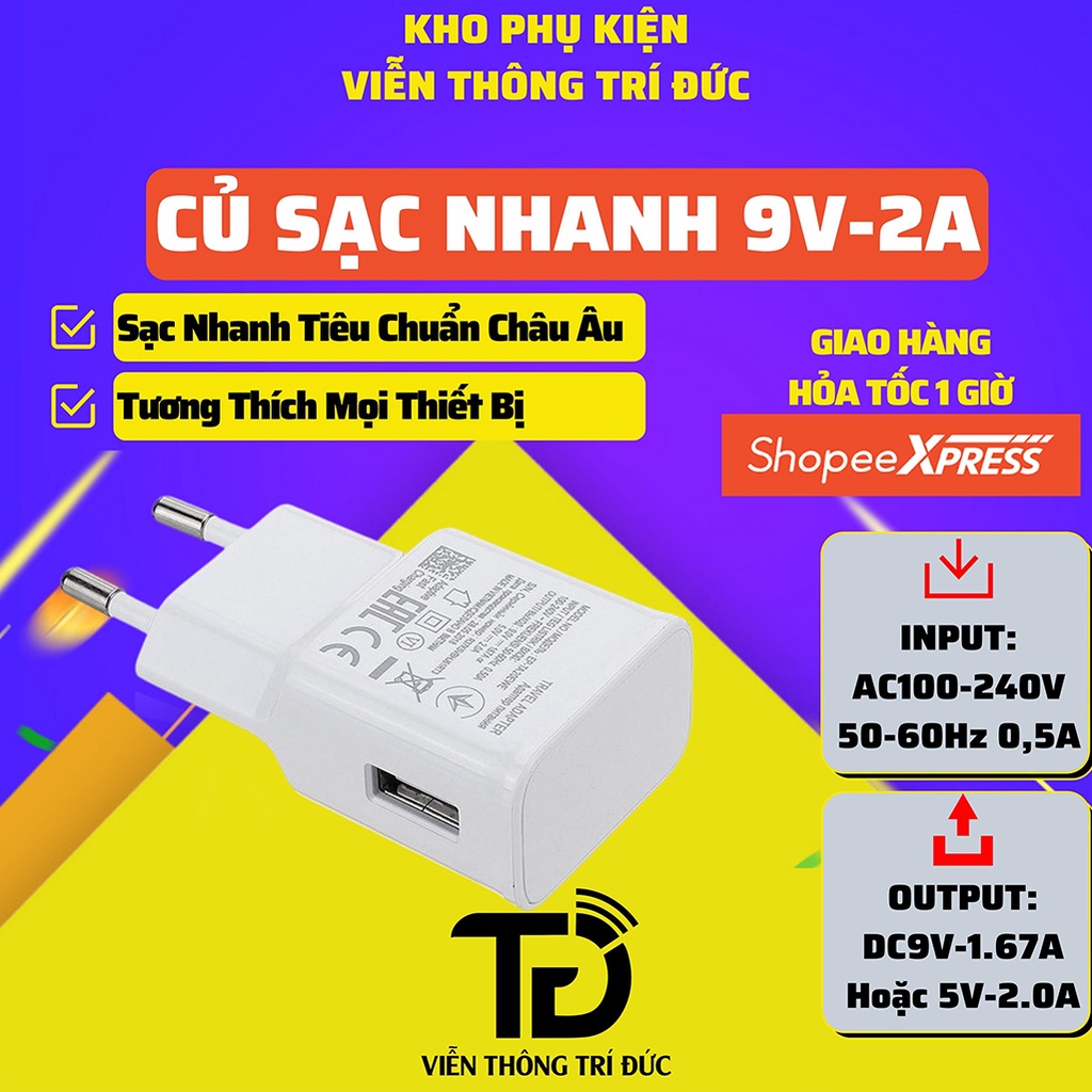 Bộ Sạc Nhanh 9V-2A Cáp Dài 1M Cổng Lightning / Micro / Type-C - Giá Siêu Rẻ -Tương thích mọi điện thoại và máy tính bảng