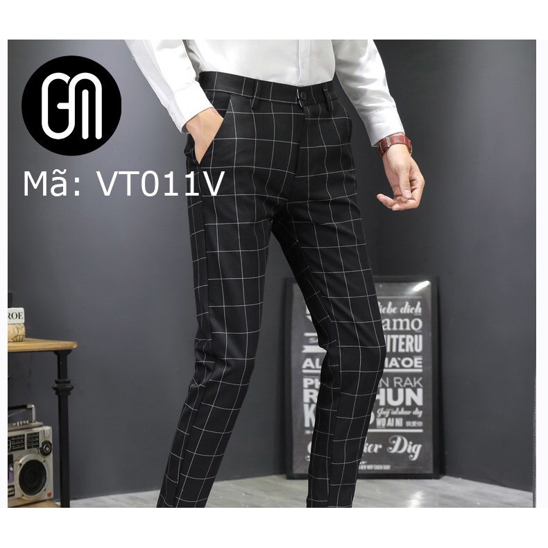 Quần tây nam đen caro_Quần tây âu kẻ sọc ống côn dáng body cao cấp | BigBuy360 - bigbuy360.vn