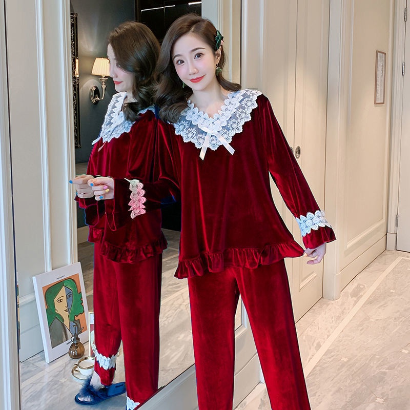 Bộ đồ ngủ vải nhung phối ren phong cách Hàn Quốc sang trọng thời trang xuân thu cho nữ