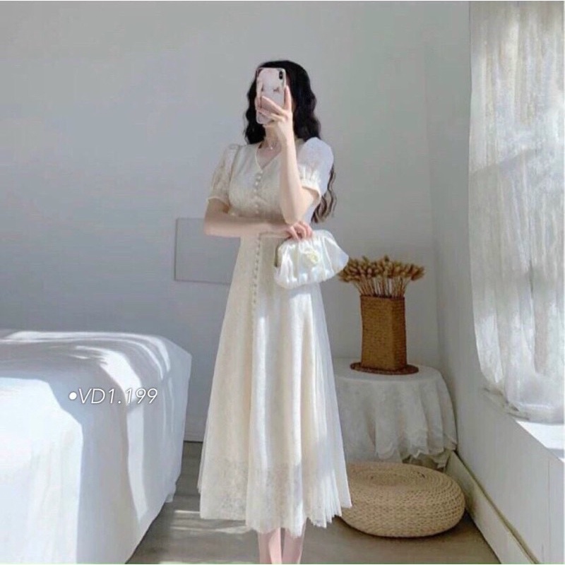 ĐẦM MIDI TRẮNG REN HOA PHỐI NÚT NGỌC thời trang giá rẻ