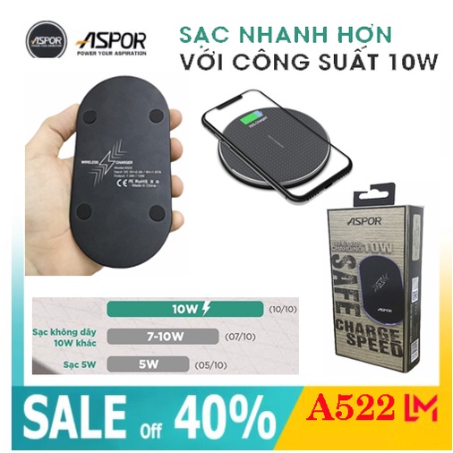 ✨A522 - 10W✨ Đế Sạc Nhanh ASPOR Cho IPhone 11 Pro Xs Max X Xr/Samsung S20 Xiaomi Mi Thiết Kế Không Dây 10W Qi Cổng USB
