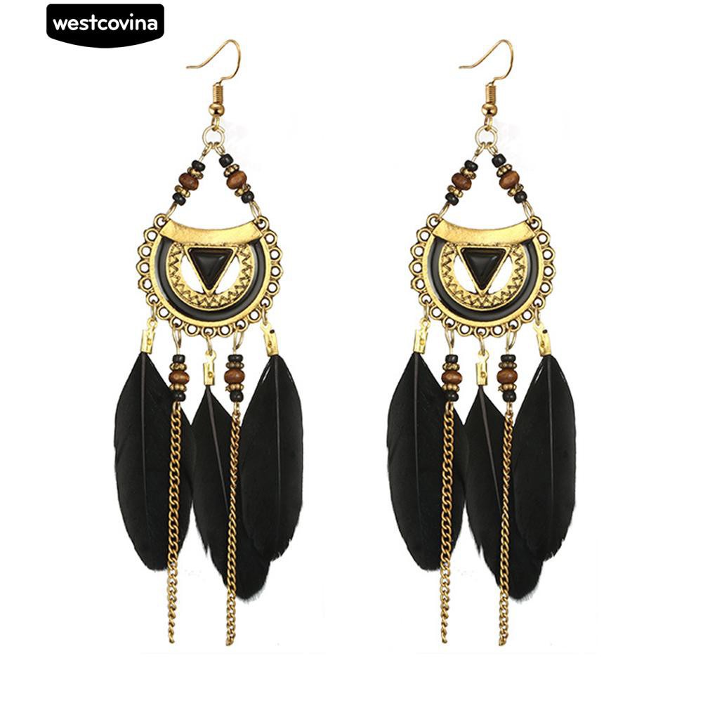 Đôi Khuyên Tai Kiểu Móc Lông Vũ Và Hạt Tua Rua Phong Cách Dân Tộc Cho Phụ Nữ