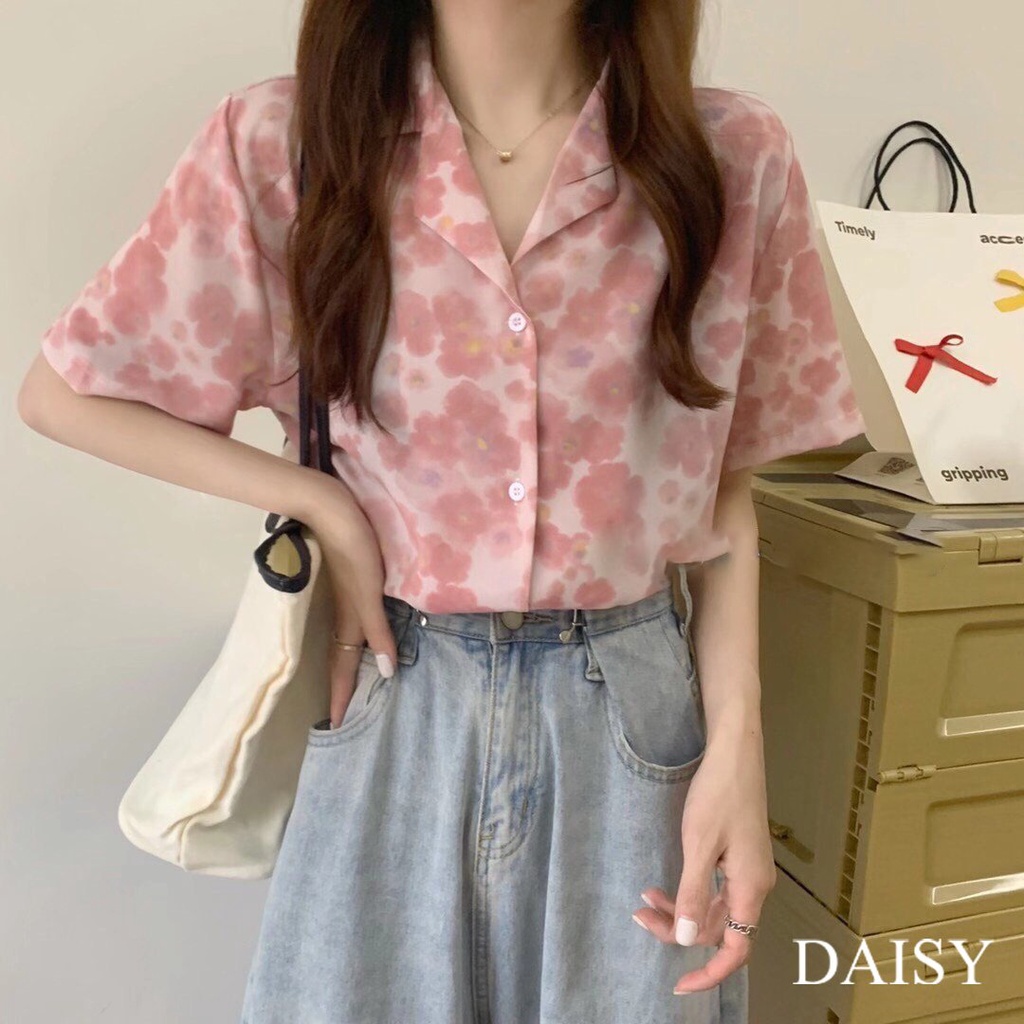 Áo sơ mi croptop ngắn tay cổ vest nền hoa Daisy chất liệu lụa Hàn mềm mịn cực thoáng mát SXA9910