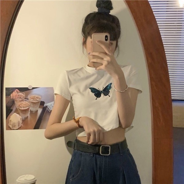 Áo Croptop tay ngắn thêu hình bướm siêu xinh
