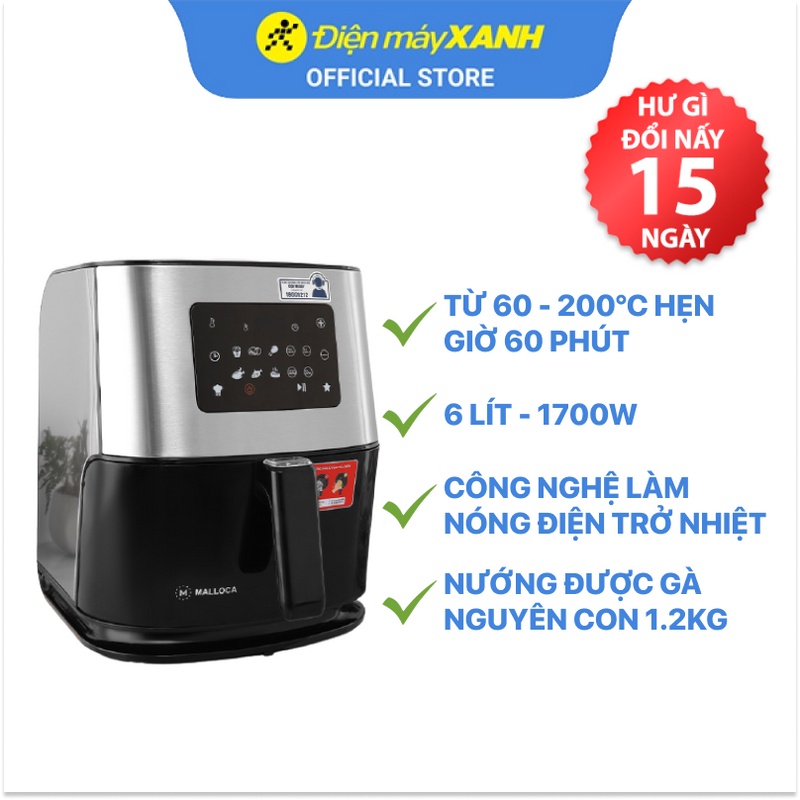 Nồi chiên không dầu Malloca MAF-06 6 lít công suất 1700W - Hàng chính hãng BH 12 tháng