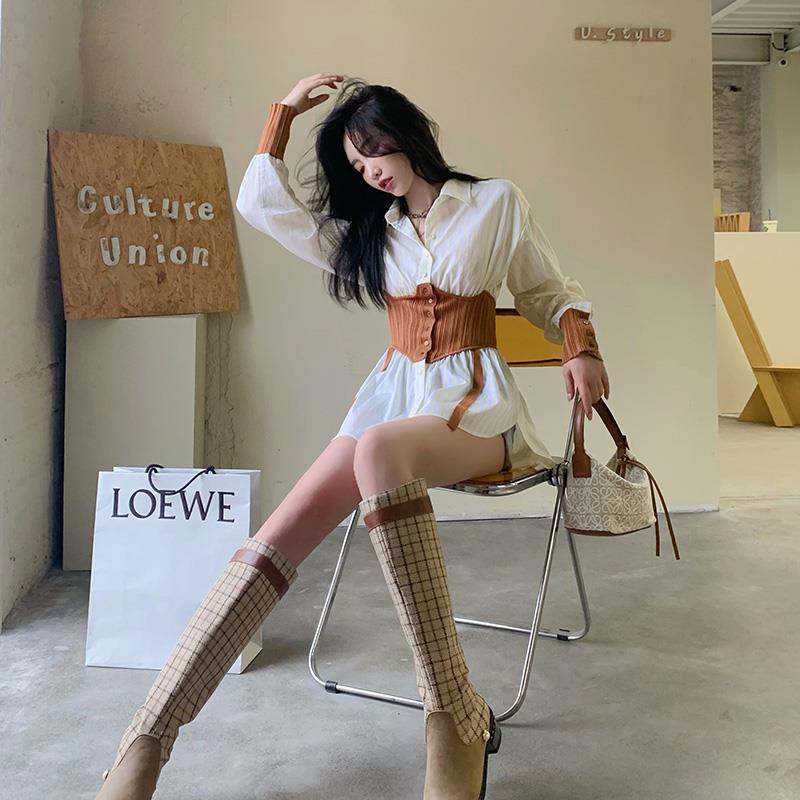 COZOKC COZOK Áo sơ mi tay dài cổ vuông eo cao thời trang mùa thu cho nữ