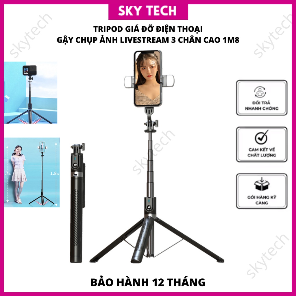 Tripod, giá đỡ điện thoại livestream, máy ảnh, gậy chụp ảnh 3 chân đa năng gấp gọn chụp hình bằng remote Bluetooth 4.0