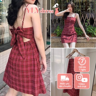 Váy hai dây kẻ đỏ nơ lưng - Váy 2 dây kẻ caro đỏ buộc nơ lưng hở lưng freesize chất thô giá siêu rẻ C307