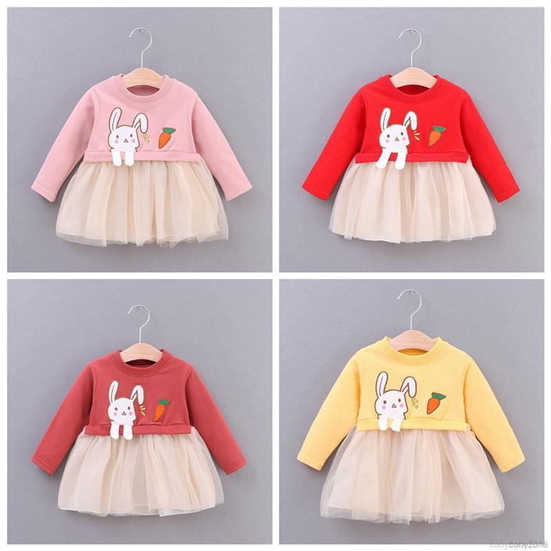 Kids Baby Girls Long Sleeve Cartoon Rabbit Print Mesh Dress