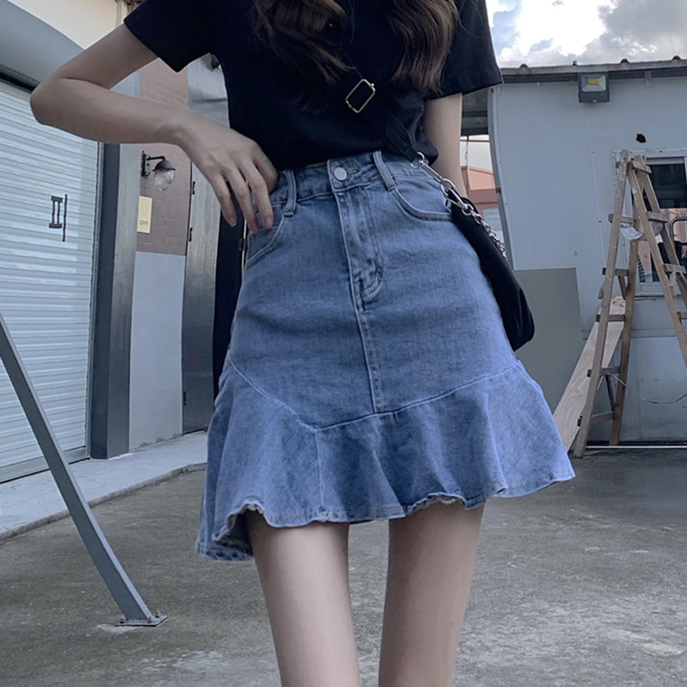 Chân Váy Denim Lưng Cao Dáng Chữ A Phong Cách Retro 50301