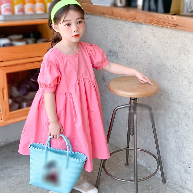 Váy tay áo ngắn phồng màu trơn cho bé gái