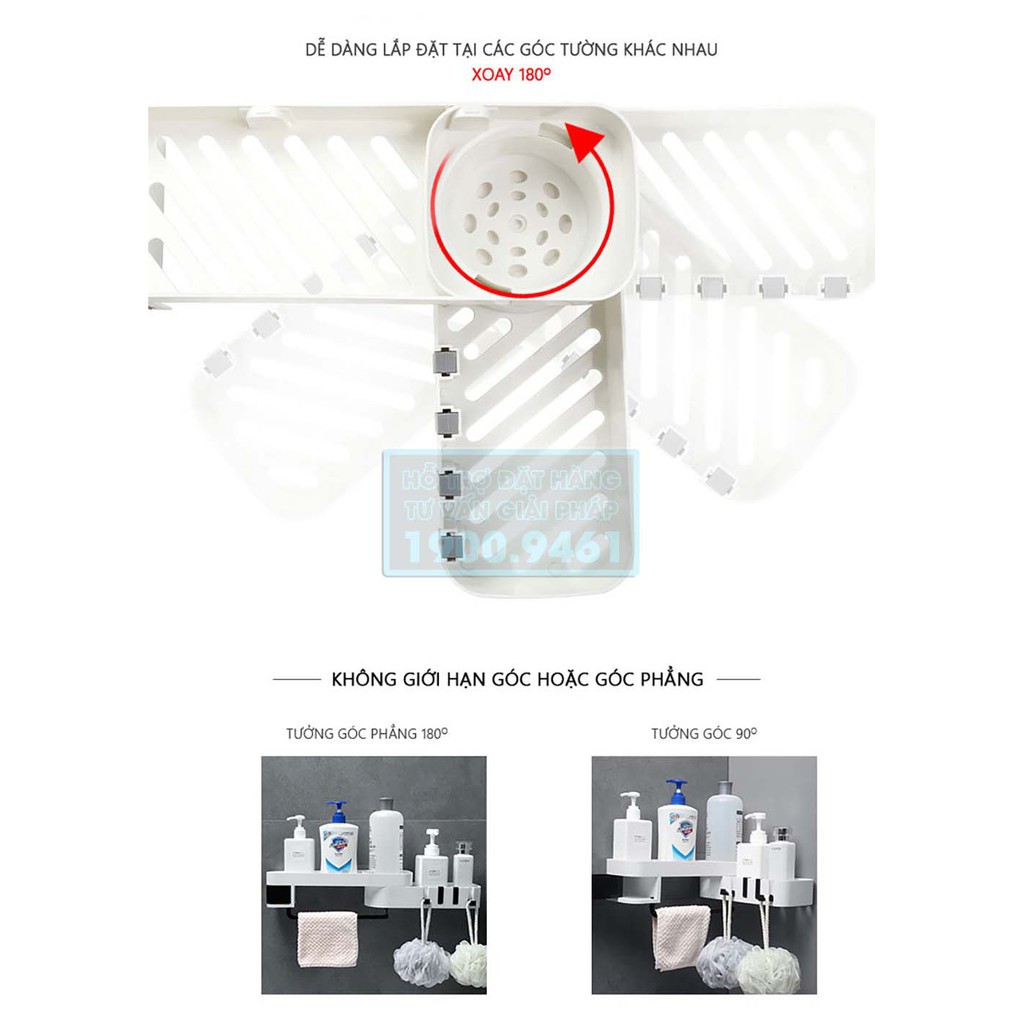 Giá kệ để đồ phòng tắm đa năng có móc treo khăn, không cần khoan tường 9361