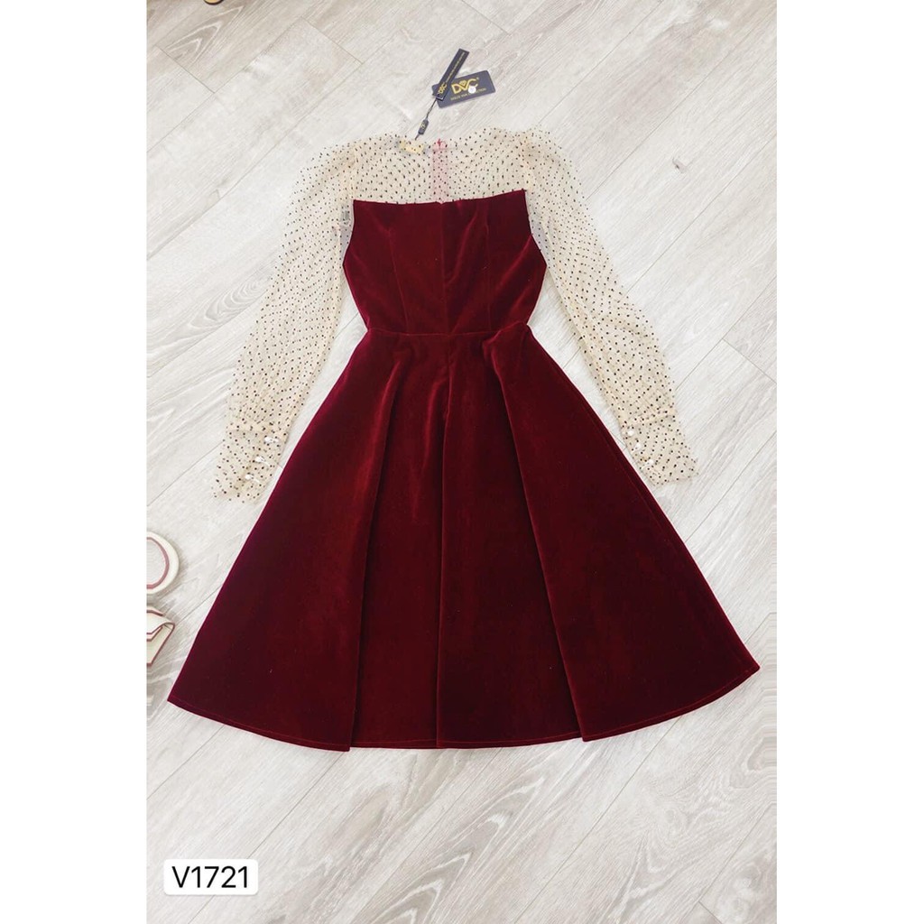 Đầm xòe công chúa [Đẹp DVC]  Váy xòe vải nhung đỏ tay dài chấm bi V1721