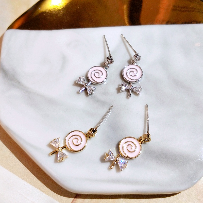 Khuyên tai JIUDUOLAN dạng kẹp/ xỏ mặt kẹo mút và nơ đính đá zircon sáng bóng không gây dị ứng thời trang