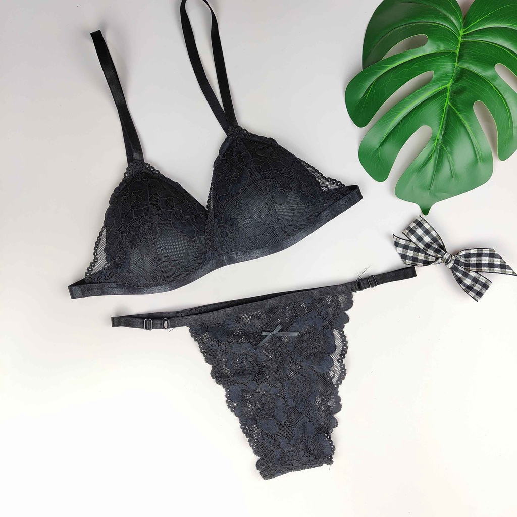 Bộ đồ lót ren sexy LL028🌈CHUYÊN SỈ🌈 hoa văn đen không gọng mút vừa gợi cảm quần dây LAYLABRA