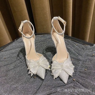 Women's sandals summer 2022 new toe-toe hollow bowknot design high-heeled shoes fairy pointed shoes women's thin heel