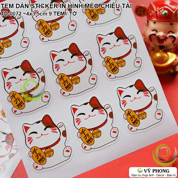 TEM DÁN HÌNH MÈO CHIÊU TÀI NHÃN DÁN STICKER TẾT TRUNG THU TRANG TRÍ NIÊM PHONG BAO BÌ HỘP ĐỰNG BÁNH KẸO TẾT TD-0072
