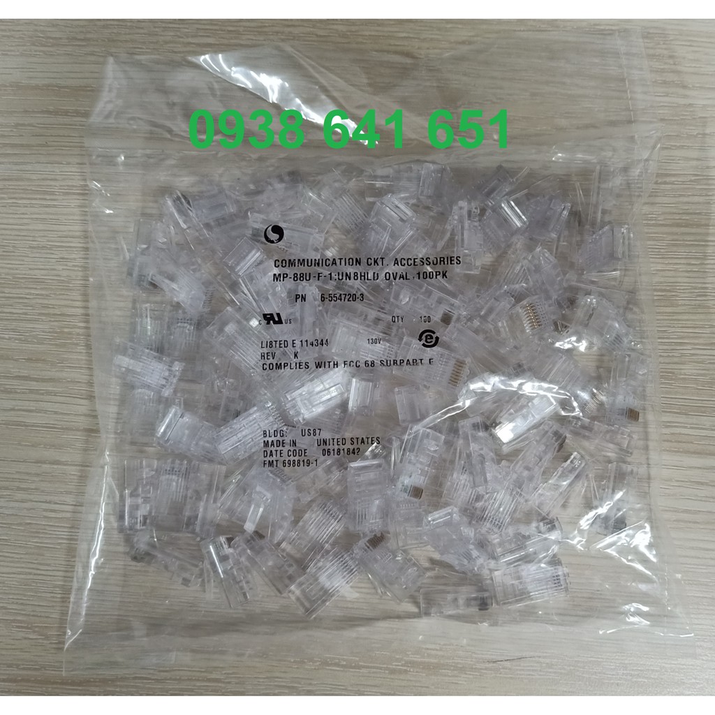 Đầu mạng RJ45 Cat5 AMP/Commscope chính hãng mã 6-554720-3 có CO và CQ (100 cái)