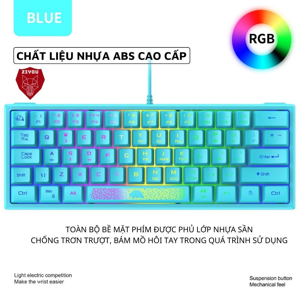 Bàn Phím LED RGB Ziyou K61 Thiết Kế Nhỏ Gọn, 10 Chế Độ LED Cực Đẹp, Tương Thích Với Các Dòng Máy Tính, Laptop, pc