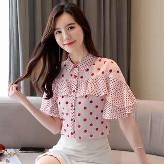 Áo Kiểu Chất Chiffon Tay Ngắn Phối Bèo Hoạ Tiết Chấm Bi Phong Cách Hàn Quốc