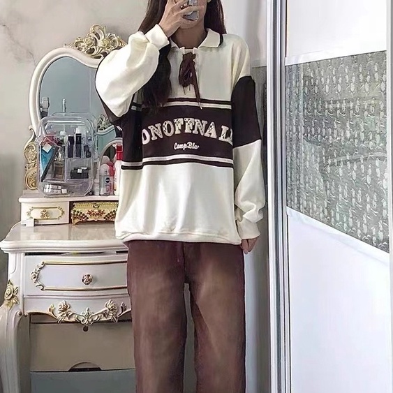 ZHELIHANGFEI Áo Sweater Tay Dài Cổ POLO Buộc Dây Kiểu Retro Nhật Bản Dễ Phối Đồ