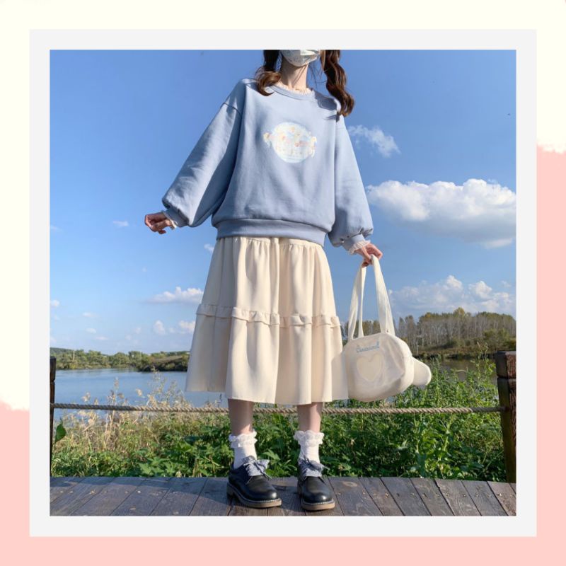 Chân váy xòe 2 tầng midi dáng dài hàn quốc,chân váy dài cho người lùn phòng cách hàn quốc màu be 01