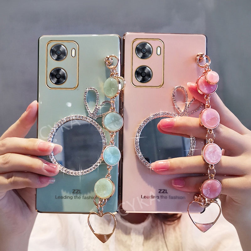 Ốp Điện Thoại Họa Tiết Thỏ Hoạt Hình Gắn Gương Trang Điểm Mạ Điện Cho OPPO A57 4G 2022 A77 5G A57 OPPOA77