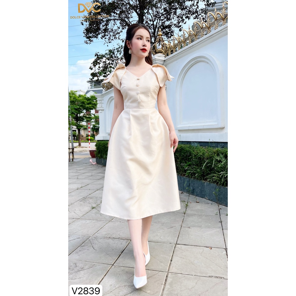 Váy tafta nhũ be cổ v đính cúc V2839- DOLCE VIVA COLLECTION
